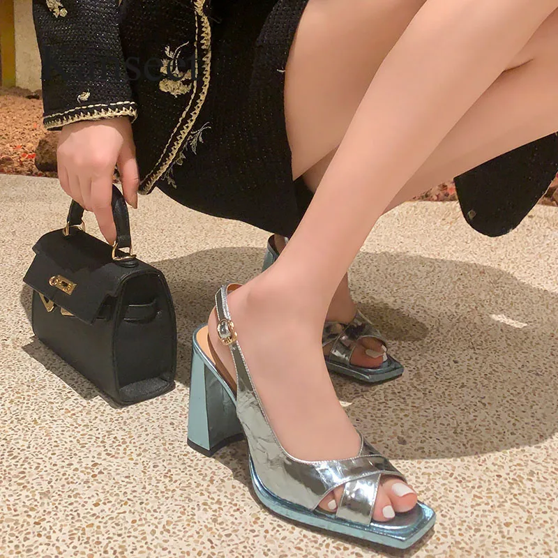

Kanseet Open-Toed Sandals Summer Women Shoes 2023 Real Leather High Quality Handmade Elegant 10cm High Heels Lady Footwear Blue