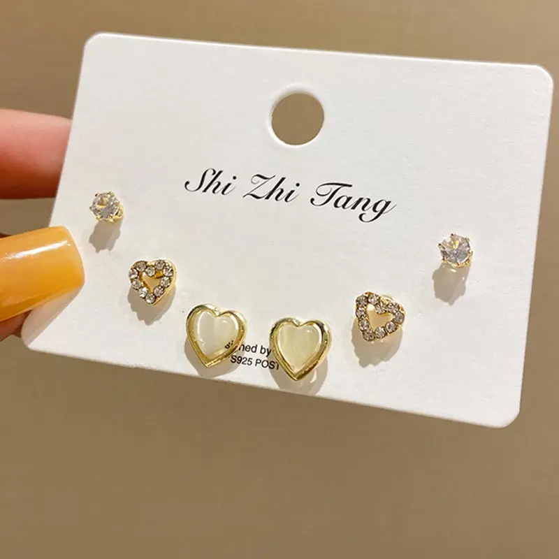 

3 Pair Korean Style Shining Crystal Heart Earrings for Women Trendy Golden Stud Earring Set Female Wedding Jewelry Accessories