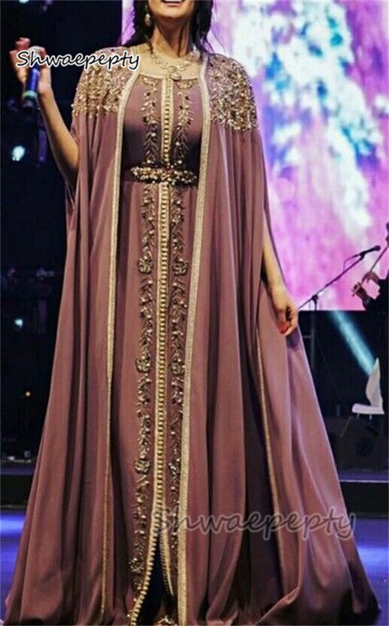 

Kaftan Evening Dress Cape Sleeves Saudi Arabic Formal Party Gowns With Gold Lace Appliques Long Women Caftan Robe de soirée