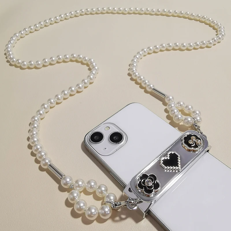 

Mobile Phone Clip French Pearl Ring Mobile Phone Strap Crossbody Shoulder Carrying Camellia Love Chain Case Universal Pendant