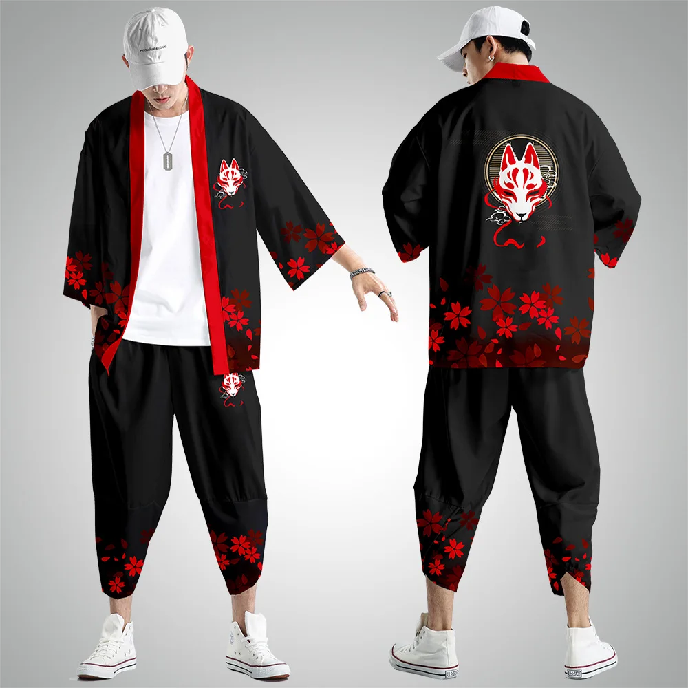 

Art boyutu XS-6XL siyah tilki bask japon tarz moda Kimono ve pantolon seti erkek hrka bluz Haori Obi asya kyafetleri