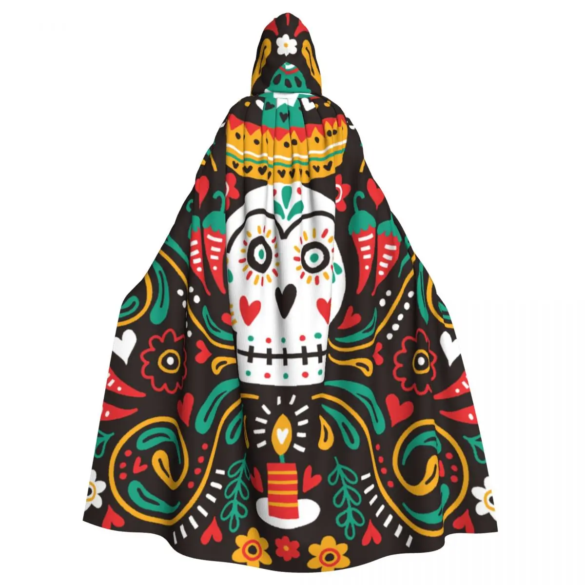 

Dia De Muertos Skull With Sombrero Hooded Cloak Polyester Unisex Witch Cape Costume Accessory