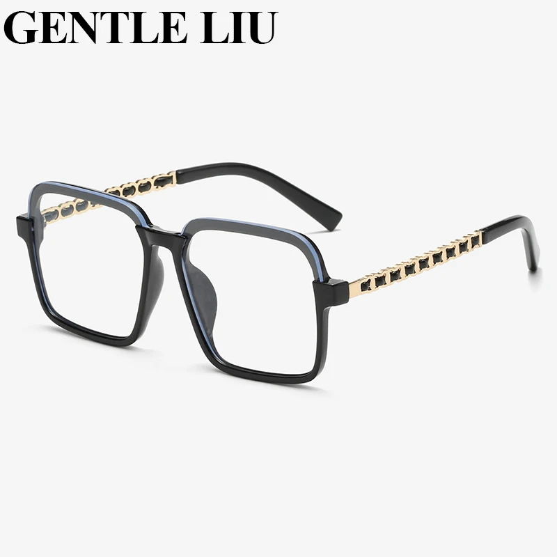 

Square Anti Blue Light Glasses Women 2022 Luxury Brand Fashion Semi Rimless Eyeglasses Frames for Ladies Leather Chain Temples