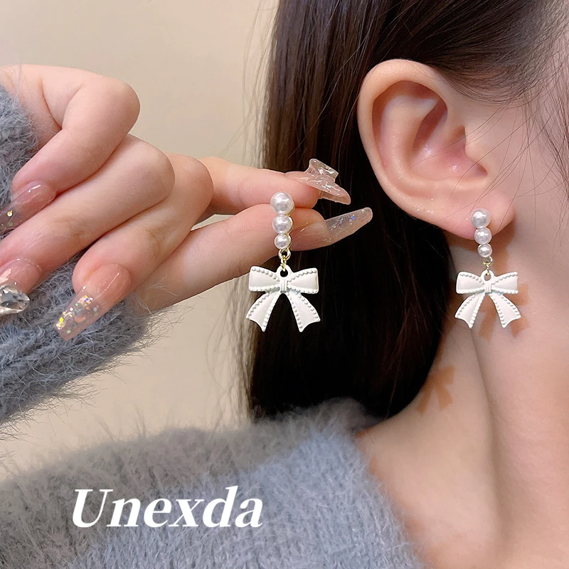 

Корейские серьги Unexda с искусственным жемчугом и бантом, дизайнерские серьги, Золотая пара, Женские Простые Модные Серьги