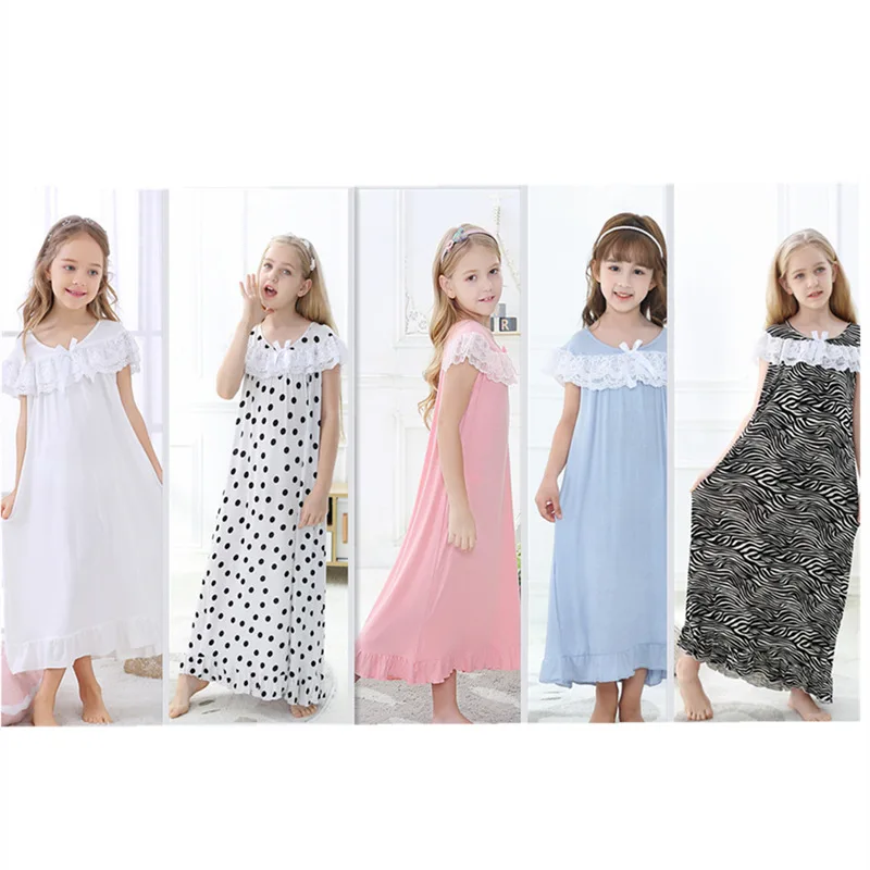 Summer Girls' Sleeveless Modal Cotton Long Princess Lace Nightdress Pajamas Home Wear Can Be Worn outside