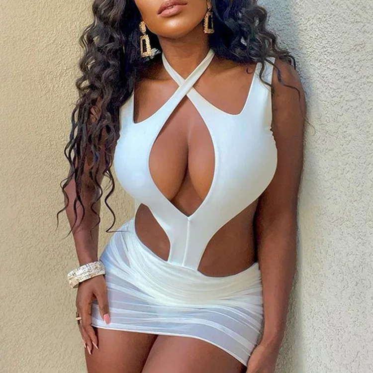 

New Sexy Women Swimsuit Two Piece Set Cross Neck Bikini Solid Color Fashion Hollow Bodysuit See Through Mesh Sarong Beachwear