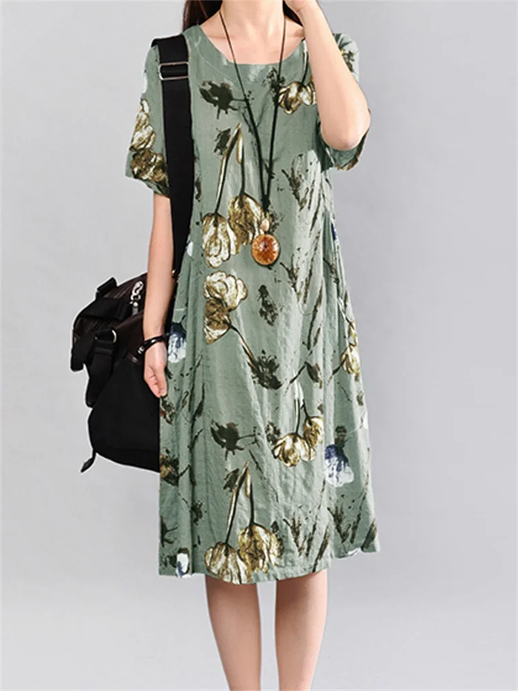 

Celmia Bohemian Long Dress 2022 Summer Vintage Women Short Sleeve Floral Print Midi Sundress Loose Casual Party Beach Vestidos