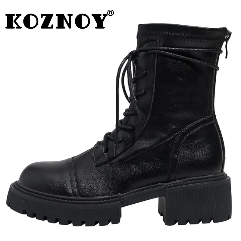 

Koznoy White Platform Booty Snoozies 5cm 8cm Cow Boy Booties for Women Genuine Leather Autumn Spring Ankle Motorcycle ZIP Shoes