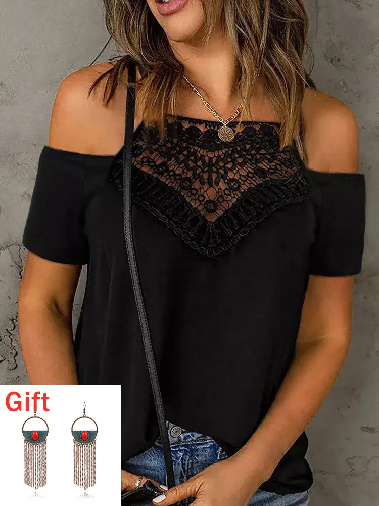 

Summer Short Sleeve T-Shirts Lace Splicing Cold Shoulder Blouse Solid Color Camisetas Y2k Clothes Tank Top Gift Pair Of Earrings