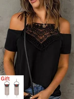 summer short sleeve t shirts lace splicing cold shoulder blouse solid color camisetas y2k clothes tank top gift pair of earrings