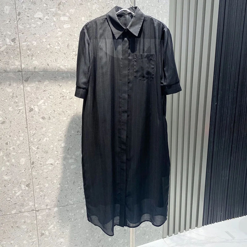 

Summer Vintage Striped Printing Black Lapel Short Sleeve Dress Runway Women Single Breasted Casual Loose Dress With Slip Vest