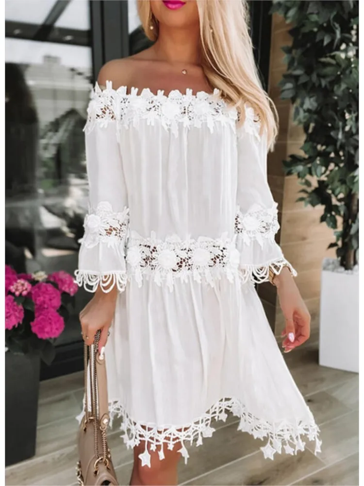 

Summer Fashion Midi Dress 2023 Women 3/4 Sleeve Slash Neck Hollow Out Floral Lace Pleated Ruffle Loose Boho Dresses Vacation