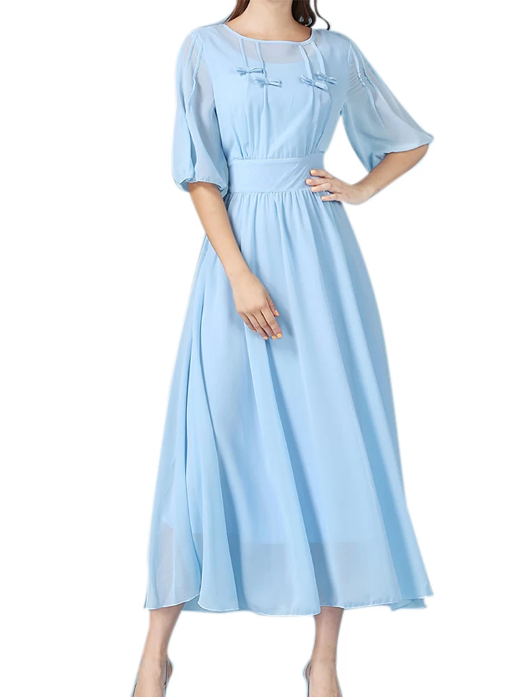 

2022 Elegant A-Line Prom Dresses Sky Blue O-Neck Half Sleeves Prom Dress Evening Gown Robe Vestido Fiesta Noche