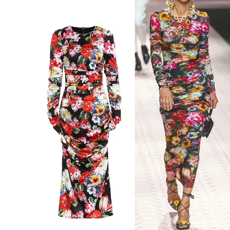 

Runway Luxury Satin Silky Floral Party Birthday Night Dresses Sexy Bodycon Sheath Draped Long Dress Haut Robes