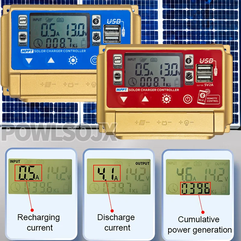Солнечный контроллер POWLSOJX Bluetooth/WiFi с ЖК-дисплеем двойной USB-выход зарядка MPPT для