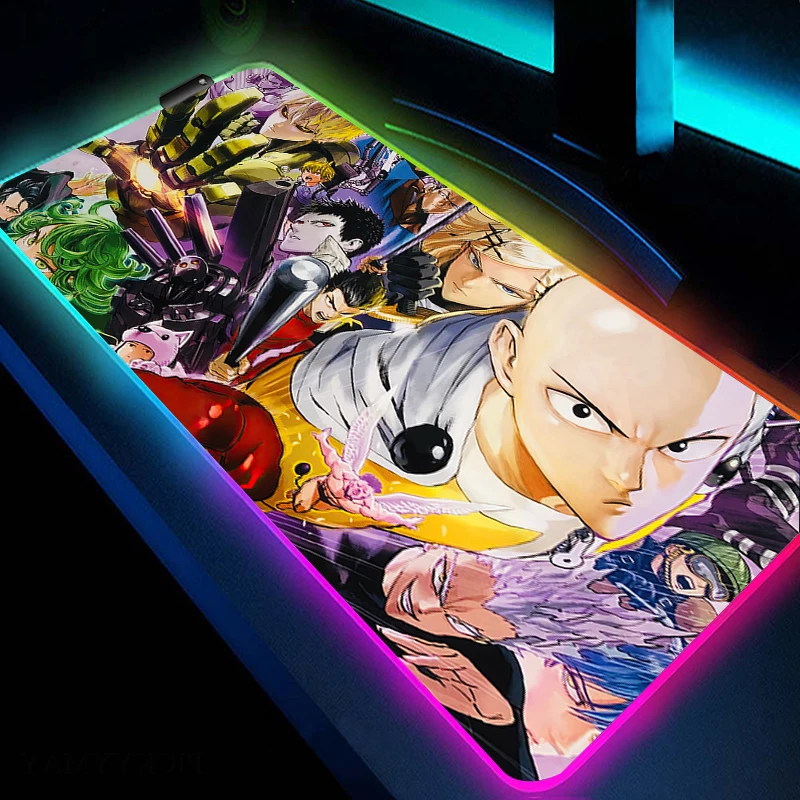 

RGB Gaming Mouse Pad One Punch Man Anime Rubber Mousepad Gamer Locking Edge Mouse Mat LED Non-Slip Keyboard Mat Game Accessories