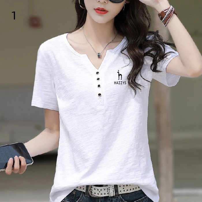 

Hazzys Summer wear New cotton golf short sleeve Tee loose size V-neck women half sleeve body shirt top undershirt