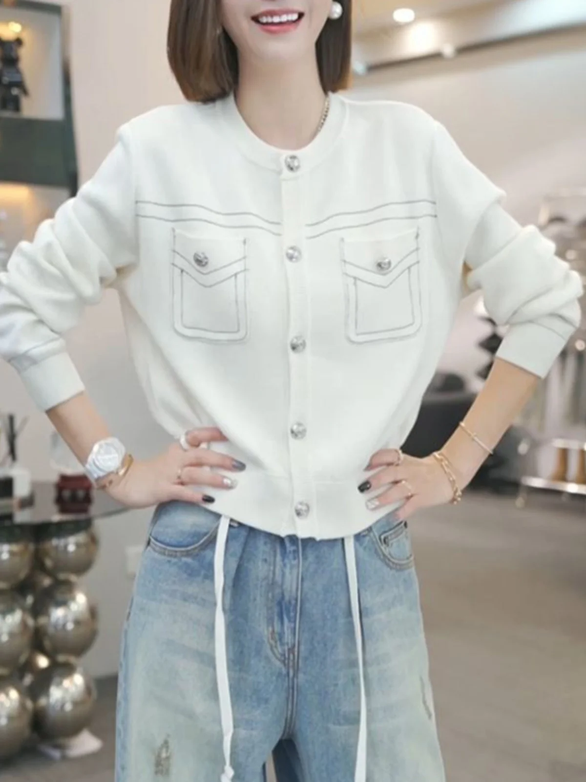 Женская Элегантная трикотажная осенняя одежда с открытой линией в стиле пэчворк