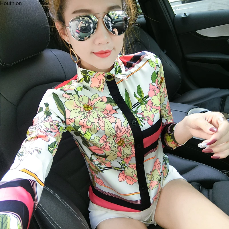 

Summer Autumn New Women's Blouses Polo Shirt Long Sleeve Top Printed Chiffon Casual Fashion Houthion