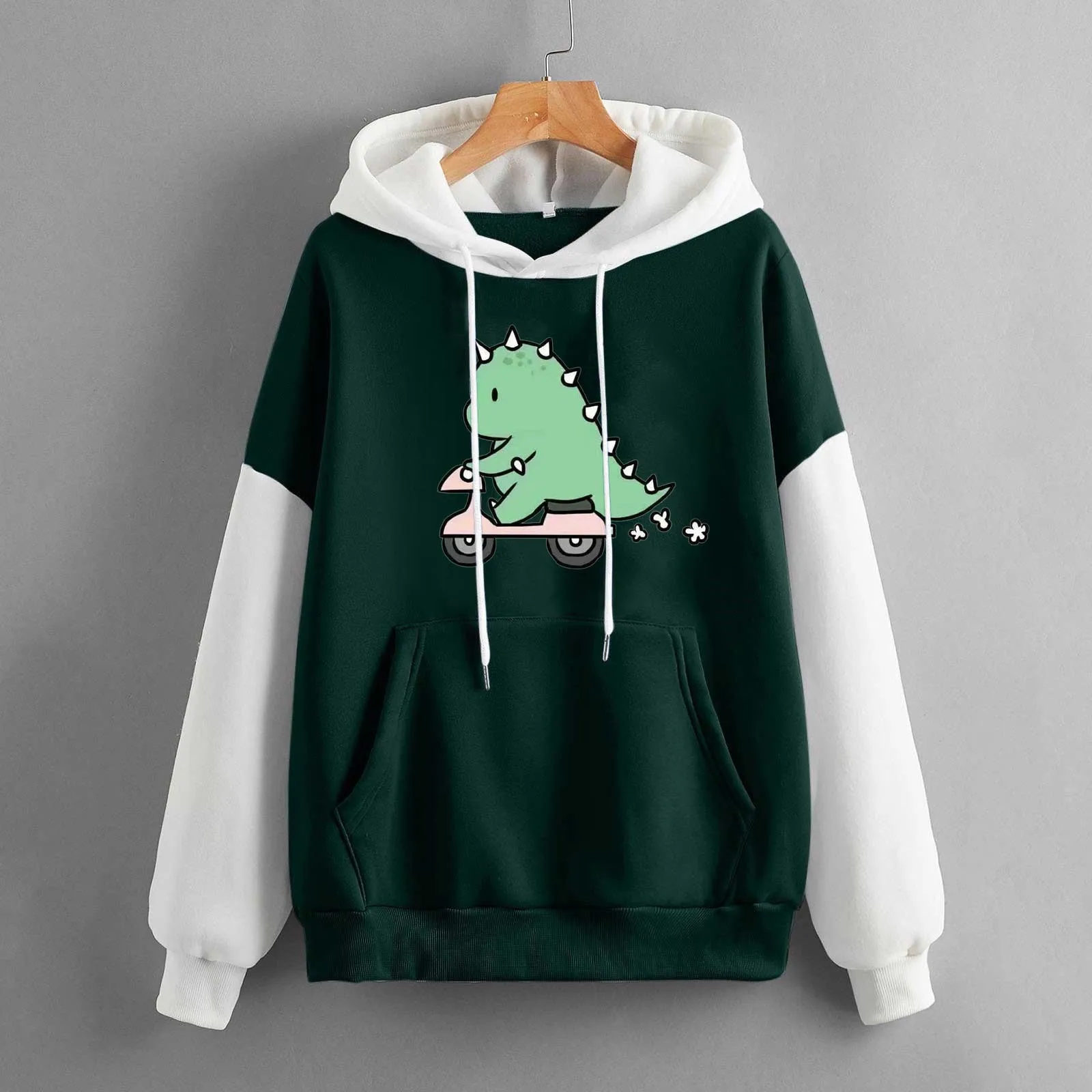 

Dinosaur Graphic Hoodie For Women Cute Colorblock Sweatshirts For Lady Long Sleeve Loose Pullover Hooded Drawstring Sweatshirt