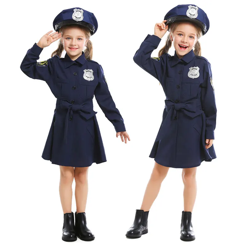 

Kids Girls Police Dress Up Children Party Carnival Cosplay Cop Officer Costume Halloween Role Play Police Performances Clothing