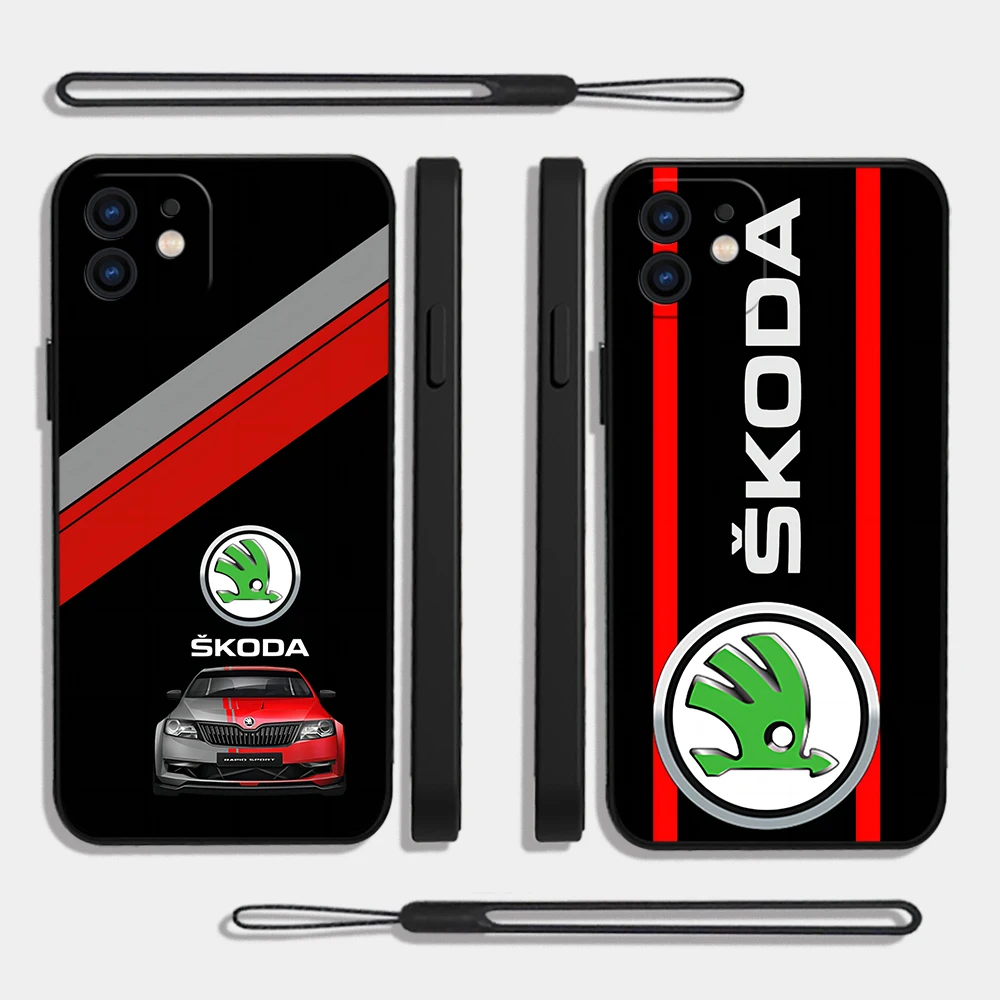 

Super Car Design-Skoda Phone Case For iPhone 14 13 12 11 Pro Max Mini X XR XS MAX SE20 8 7 Plus Silicone Cases with Hand Strap