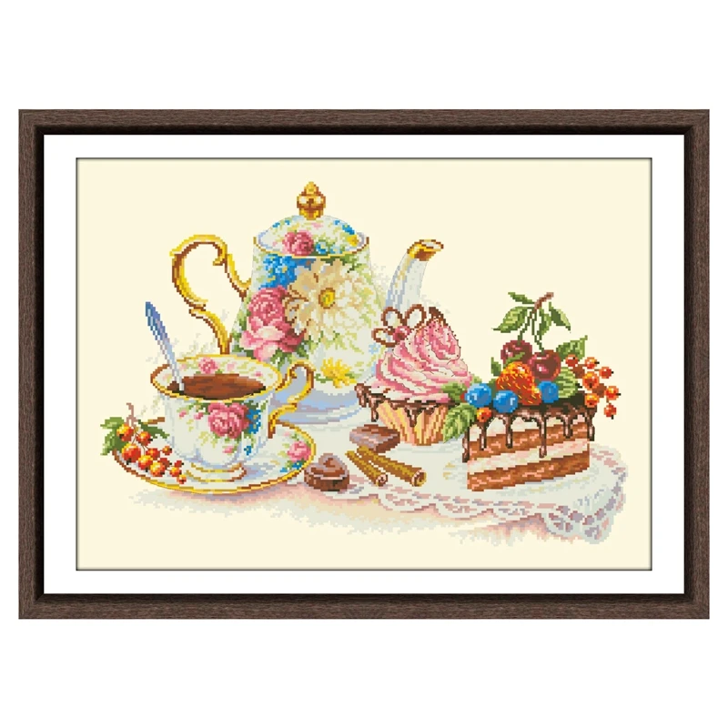 

Afternoon tea cross stitch package cup cakes 18ct 14ct 11ct light yellow cloth cotton thread embroidery DIY handmade needlework