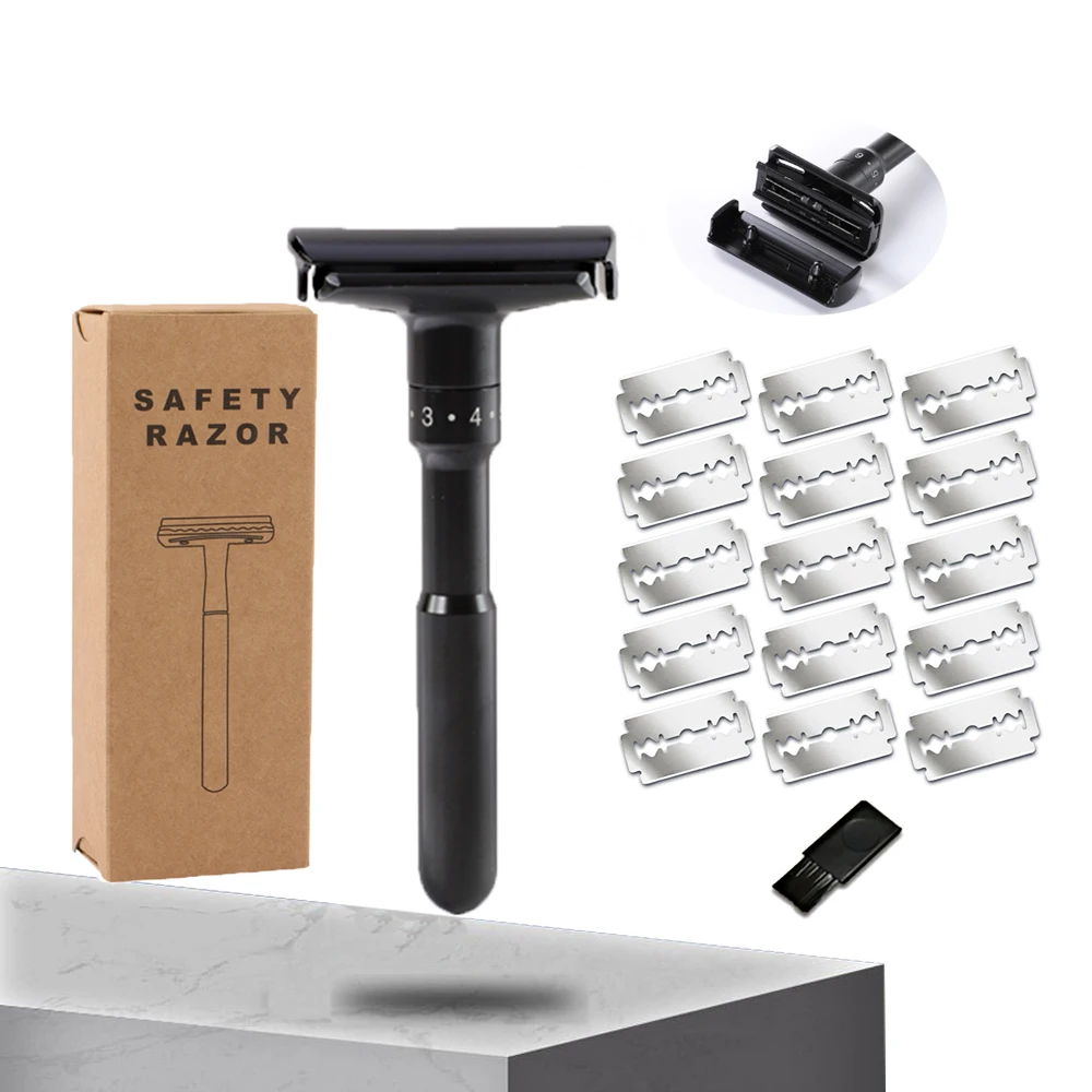 

LEMONWALD Adjustable Safety Razor Double Edge Mens Shaving Mild to Aggressive 1-6 File Hair Removal Shaver it with 15 Blades