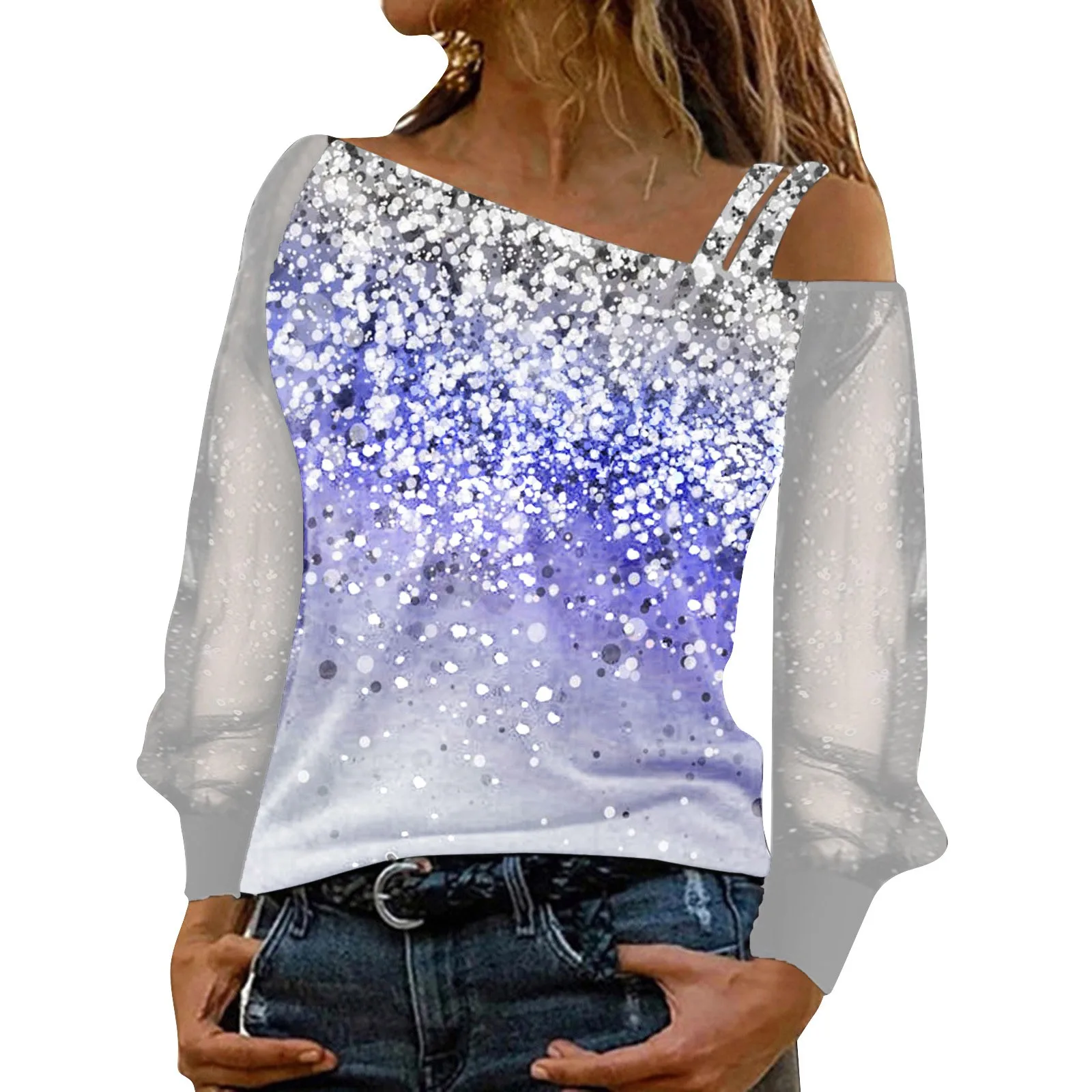 Женские футболки с блестками и открытыми плечами сексуальные топы диагональным