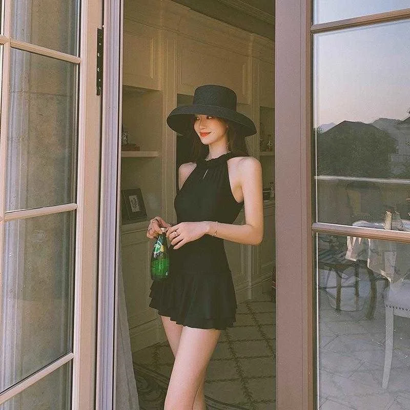 

Korean Style One Piece Swimsuit Solid Color Skirt Sexy Backless Covering Belly