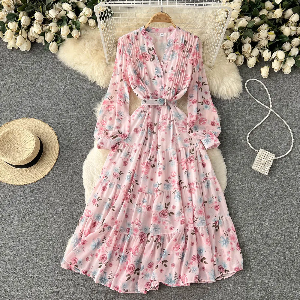 

D527 Women New Fashion Spring Autumn V-neck Long Sleeve Chiffon Floral Print A-line Dress Sweet Clothes Elegant Vestidos