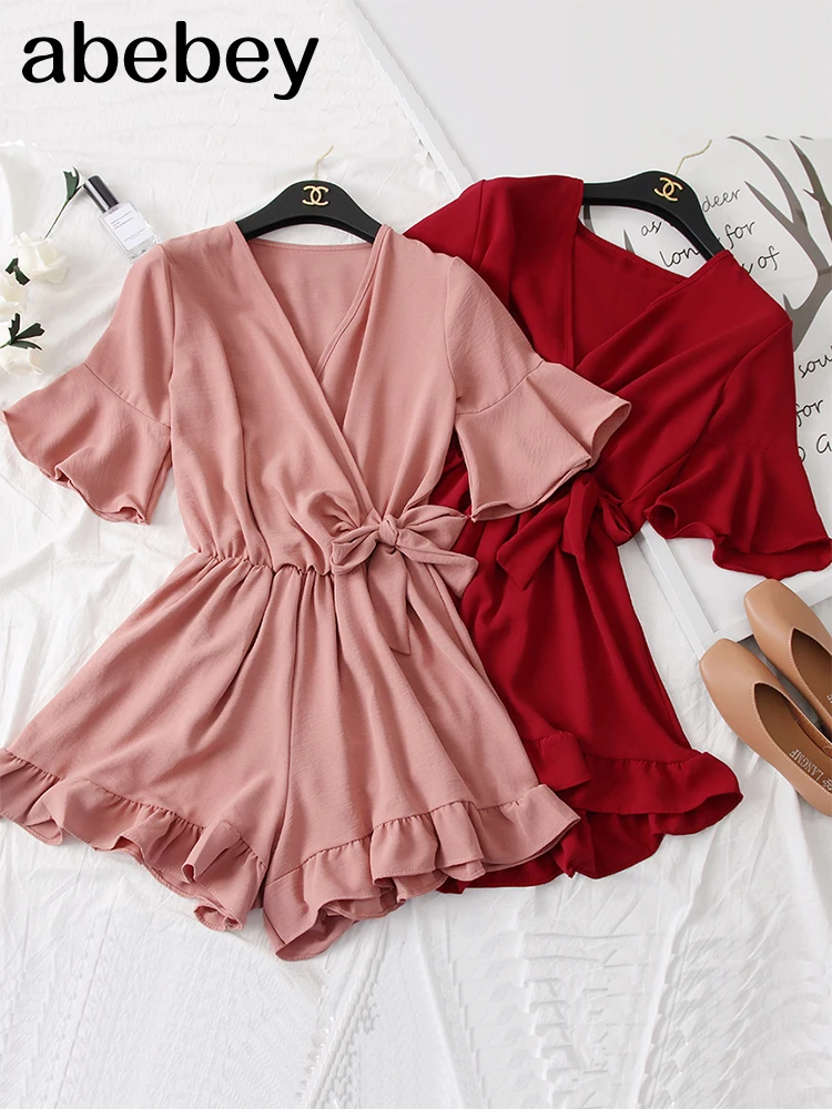 Женский шифоновый комбинезон с оборками повседневный однотонный пляжный