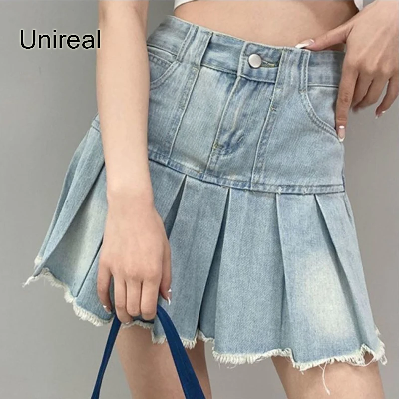 

Женская джинсовая плиссированная юбка Unireal, Повседневная модная синяя рваная мини-юбка Y2k с высокой талией для девушек, лето 2022