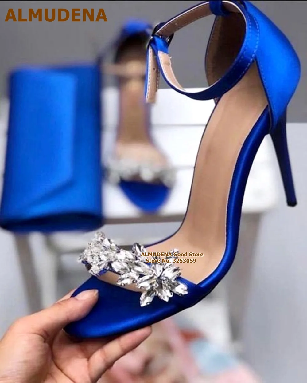 

ALMUDENA Crystal Flowers High Heel Sandals Royal Blue Orange Satin Buckle Strap Stilettos Rhinestone Beaded Floral Summer Shoes