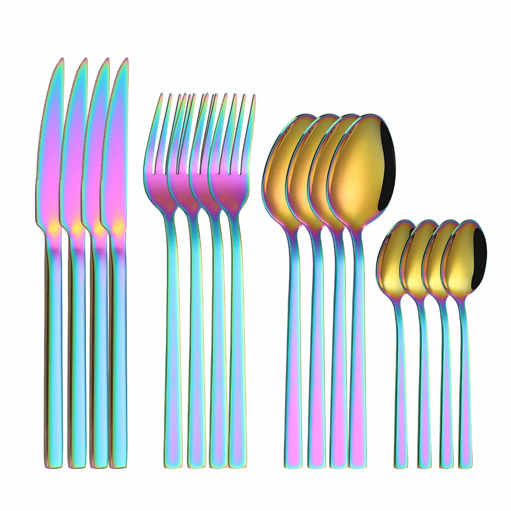 

16Pcs Kitchen Spoon Fork Knife Flatware Set Combined Tableware Rainbow Stainless Steel Wedding Cutlery Set Complete Dinnerware