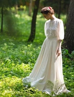 2022 a line wedding dresses high neck court train chiffon lace long sleeve romantic vintage elegant with buttons pleats vestidos