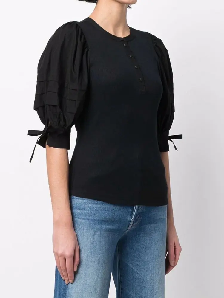 

2022 Spring and Summer New Original Puff Sleeve Blouse Half Cardigan Short Sleeve Knitted Women Pullover