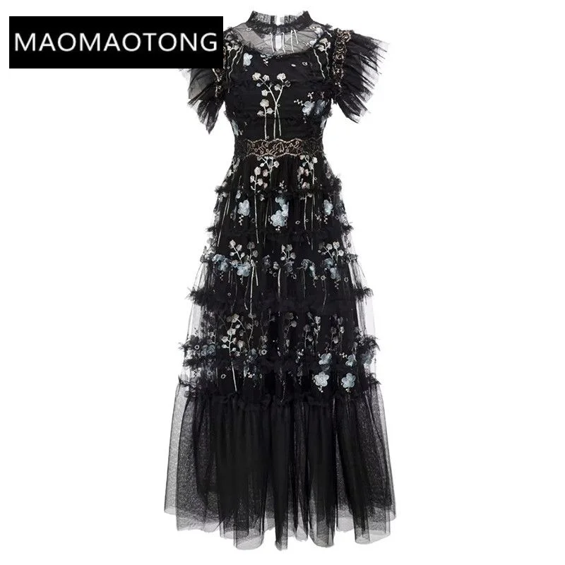 

Summer Fashion Runway Black Vintage Party Dress Women O-Neck Sleeveless Embroidery Perspective Mesh Ruffles Long Dress