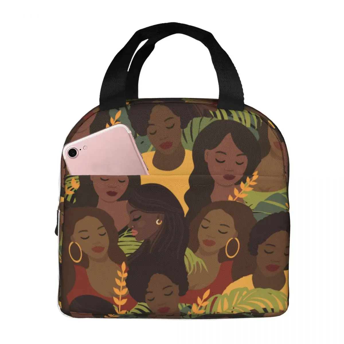 Lunch Bag for Men Women Beautiful African Women Black Ladys Thermal Cooler Waterproof School Canvas Lunch Box Food Bag