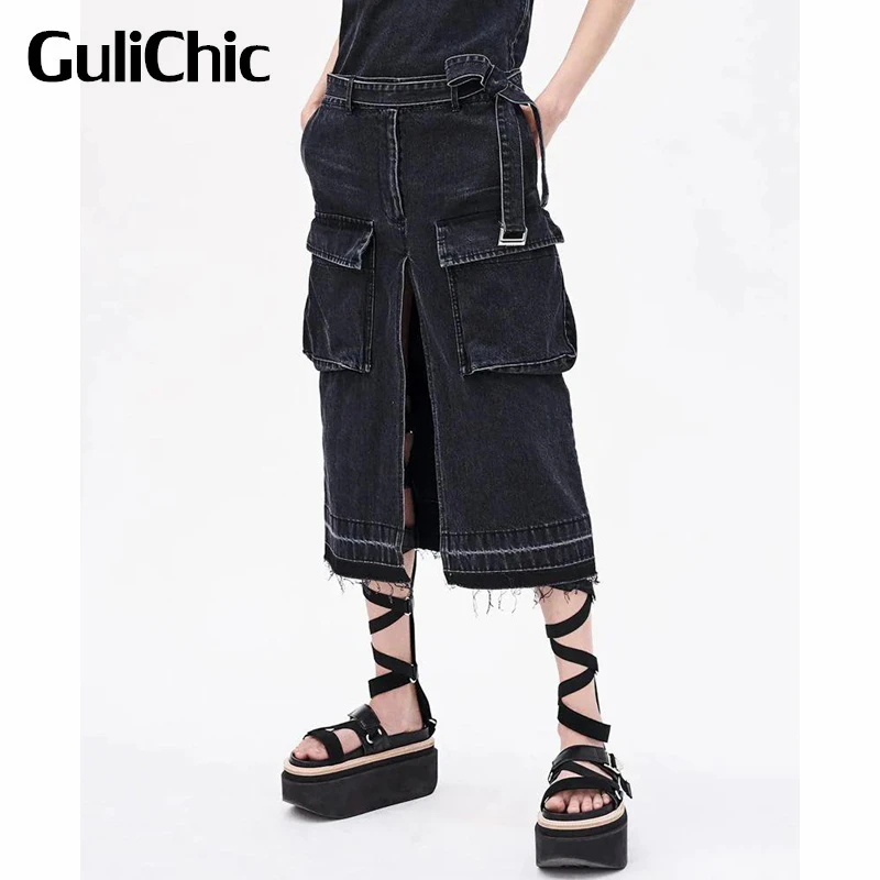 

3.2 GuliChic Women Fashion Frayed Hem Pocket Decoration Washed Denim Split Midi Skirt With Belt