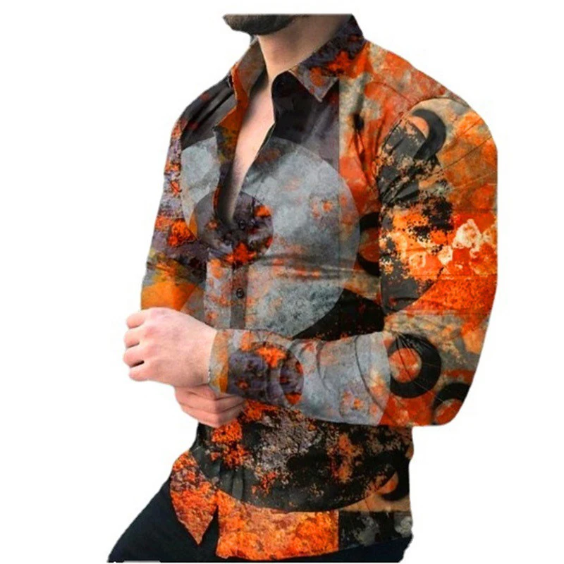

Fashion Social Men Shirts Turn-down Collar Buttoned Shirt Casual ink Print Long Sleeve Tops Men's Clothing Streetwear Cardigan