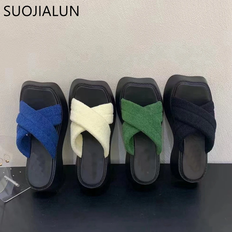 

SUOJIALUN 2022 Summer New Women Corduroy Slipper Fashion High Wedges Platform Sandal Square Toe Ladies Outdoor Beach Slides Shoe