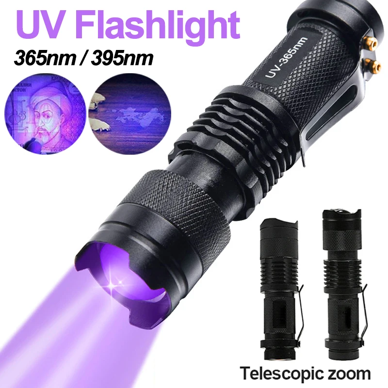 

LED Ultraviolet Flashlight 3 Modes Blacklight Light Pet Urine Stains Inspection UV Lamp Retractable Zoom Mini Torch Flashlights