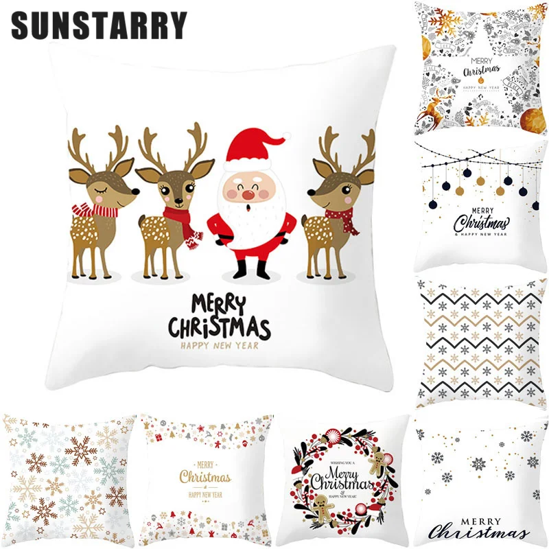 

White Christmas Cushion Cover Cute Santa Claus Elk Pillowcase Cover Winter Snowflake Decorative Pillow Case Navidad Funda Cojín