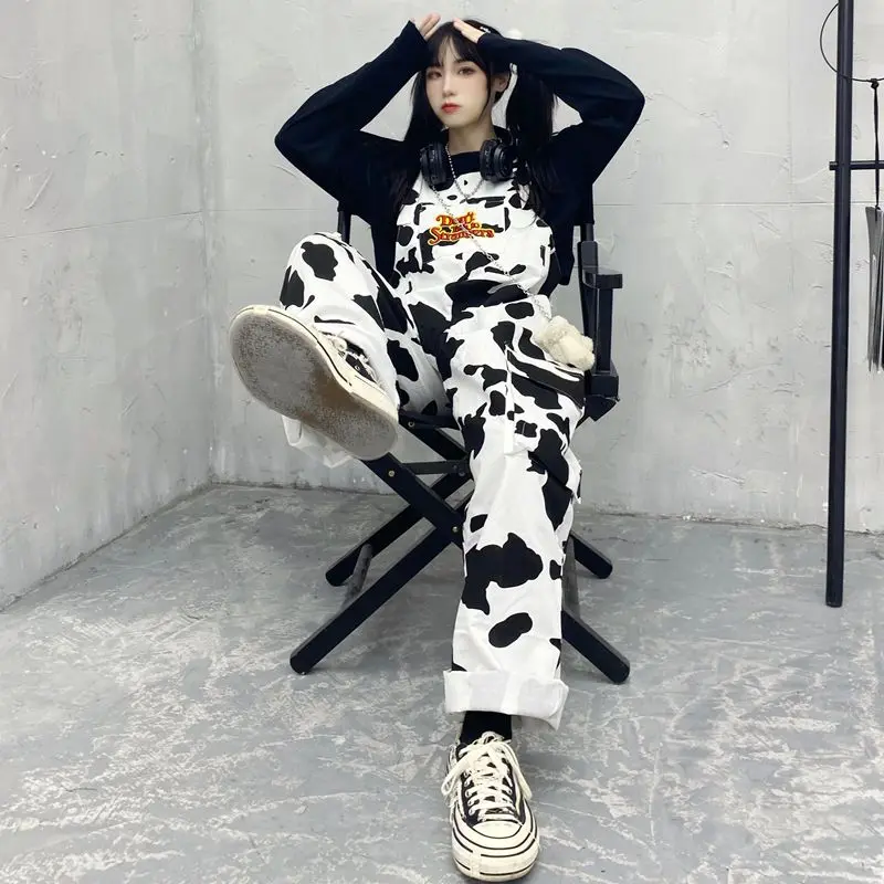 Street Hip-hop Harajuku Girl Cow Print Black and White Check Overalls Overalls Casual Trousers Baggy Pants Female Fun Suspenders