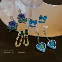 925 silver needle rhinestone heart geometric square retro green dangle earrings 2022 trend korean fashion ol jewelry for women
