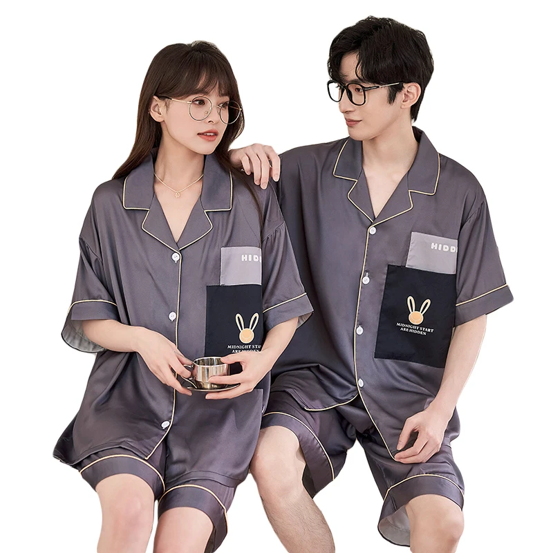 2PCS Summer Sweethearts Pajama Sets Women Men kawaii Rabbit Sleepwear Silk Cloth Short Sleeves Pyjama Pour Femme Pijama Casual