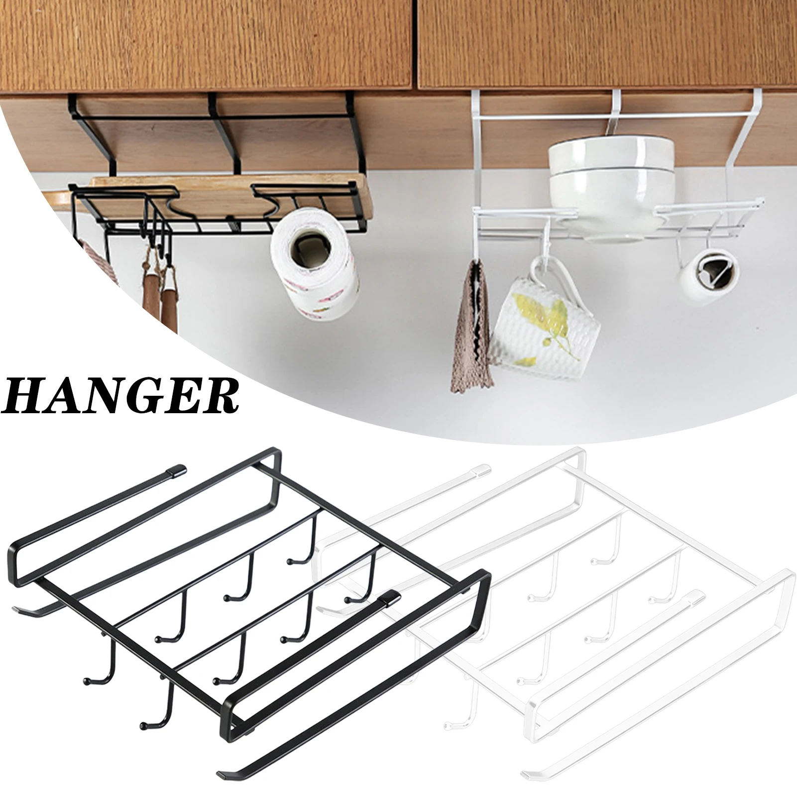 

New Metal Hanging Basket Under-Cabinet Wire Basket Small Item Organiser for Home Use for Kitchen Pantry Bookshelf with 4 Hooks