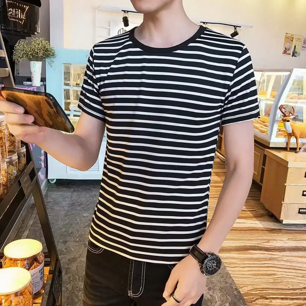 

Men Summer T-shirt Stripe Print Round Neck Slim Fit Short Sleeve Color Matching Daily Wear Thin Mid Length Top Male Clothing