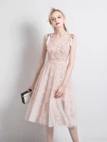 blush pink evening dress deep v sling lace sexy spaghetti strap backless knee length princess temperament prom party formal gown